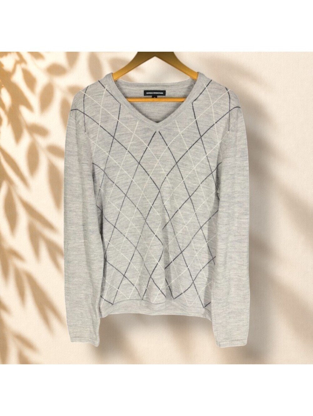 Express Sweater Pullover Men M Medium Gray Geometric Knit Wool Long Sleeve Soft
